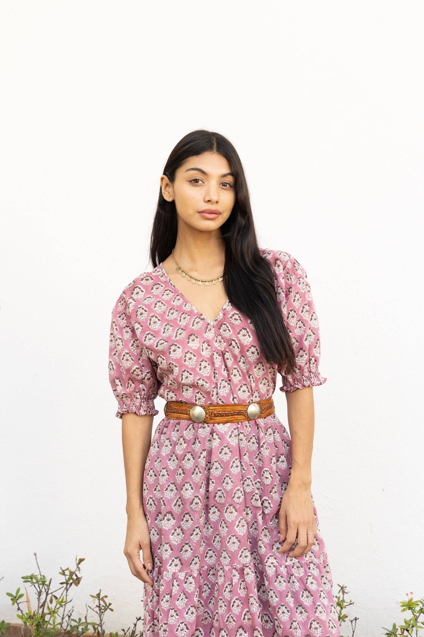 Imara Block Printed Cotton Maxi Dress in Rose