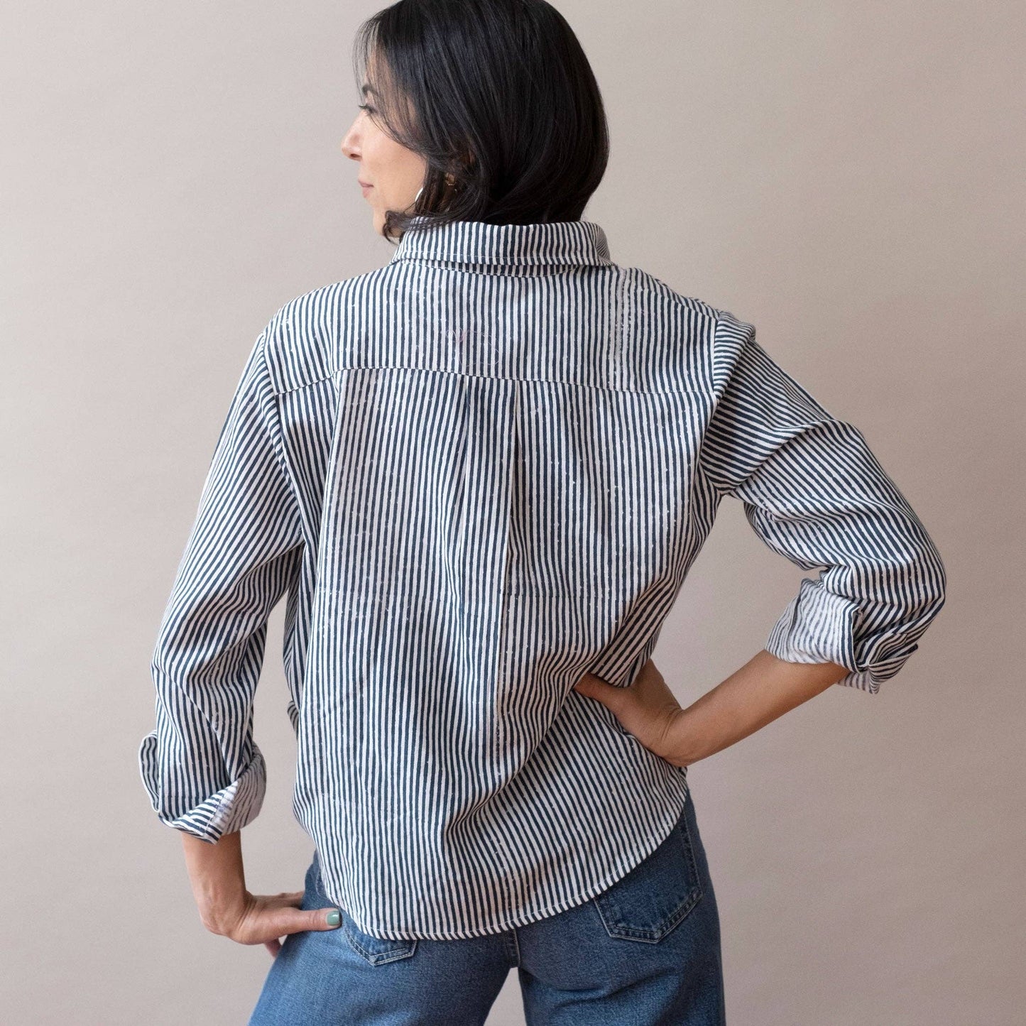 Pali Top- Stripes Navy in Double Cotton Gauze