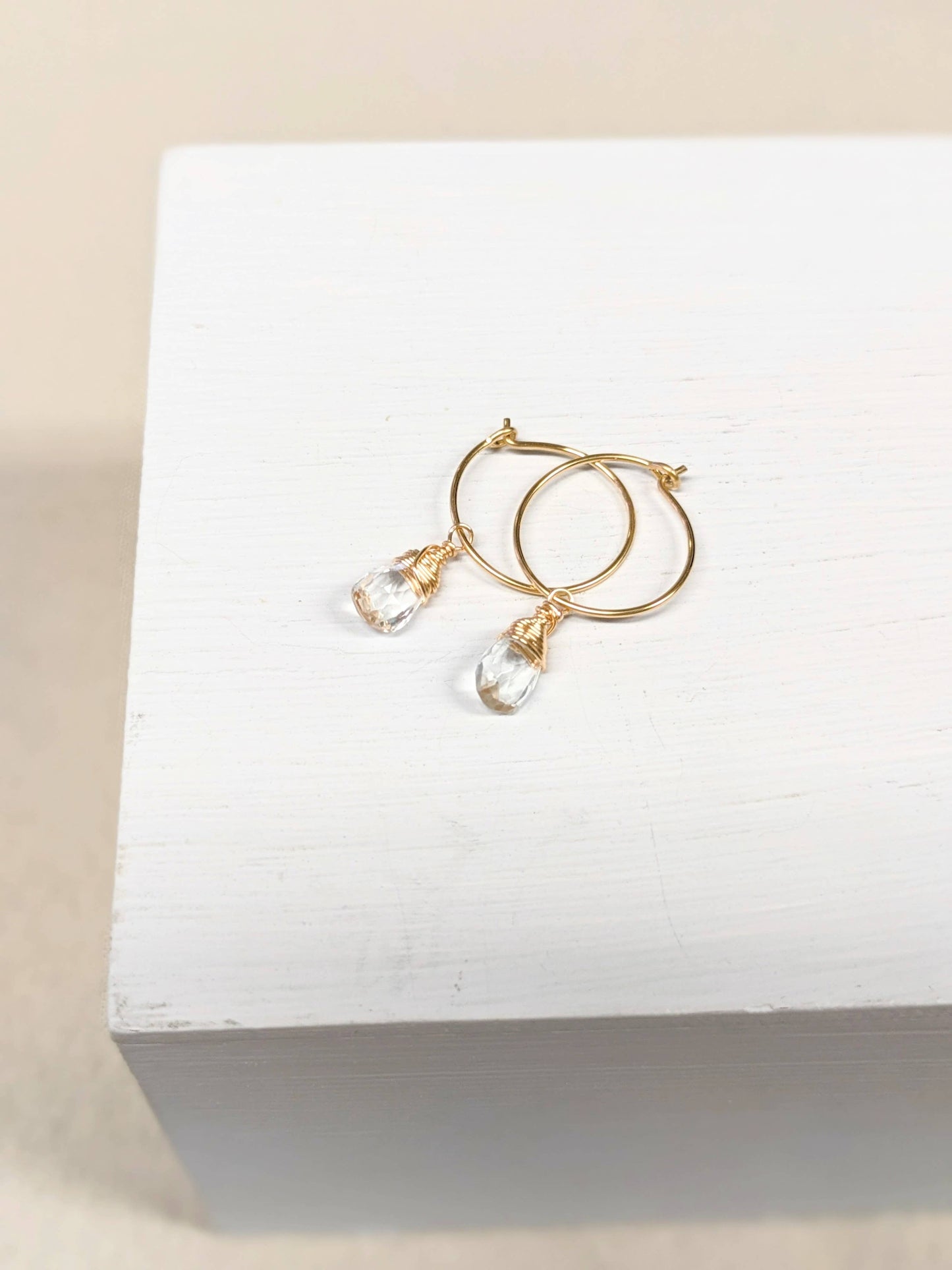 Aqua Quartz Charm Mini Hoop Earrings in 14k Gold Filled