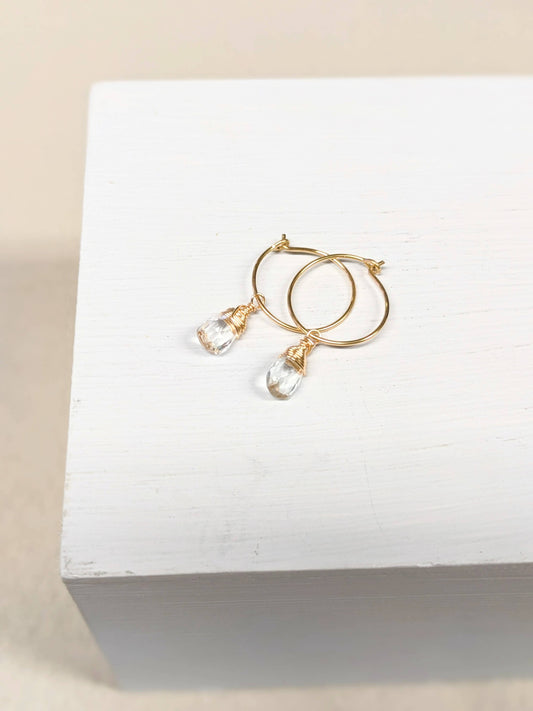 Aqua Quartz Charm Mini Hoop Earrings in 14k Gold Filled
