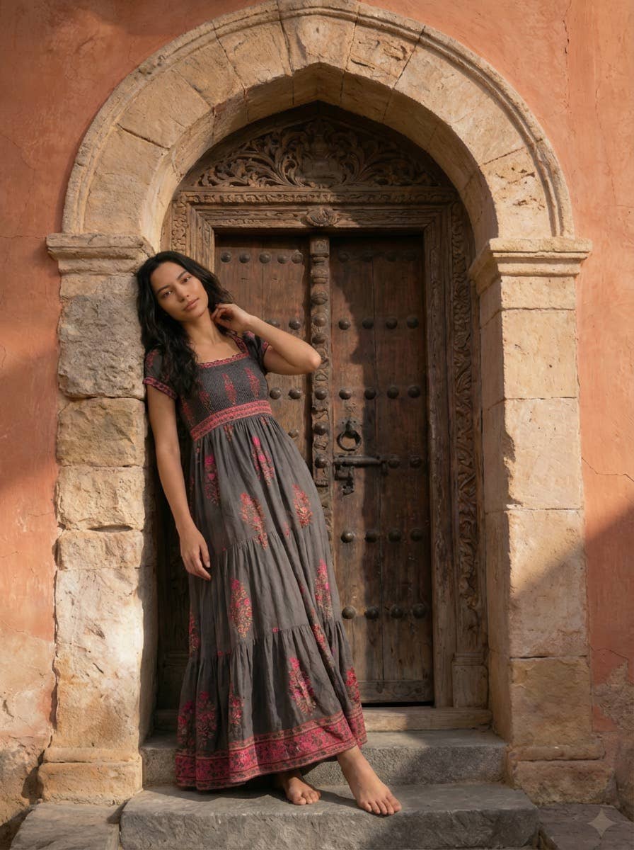 Paloma Block Printed Smocked Maxi Dress in Bougainvillea