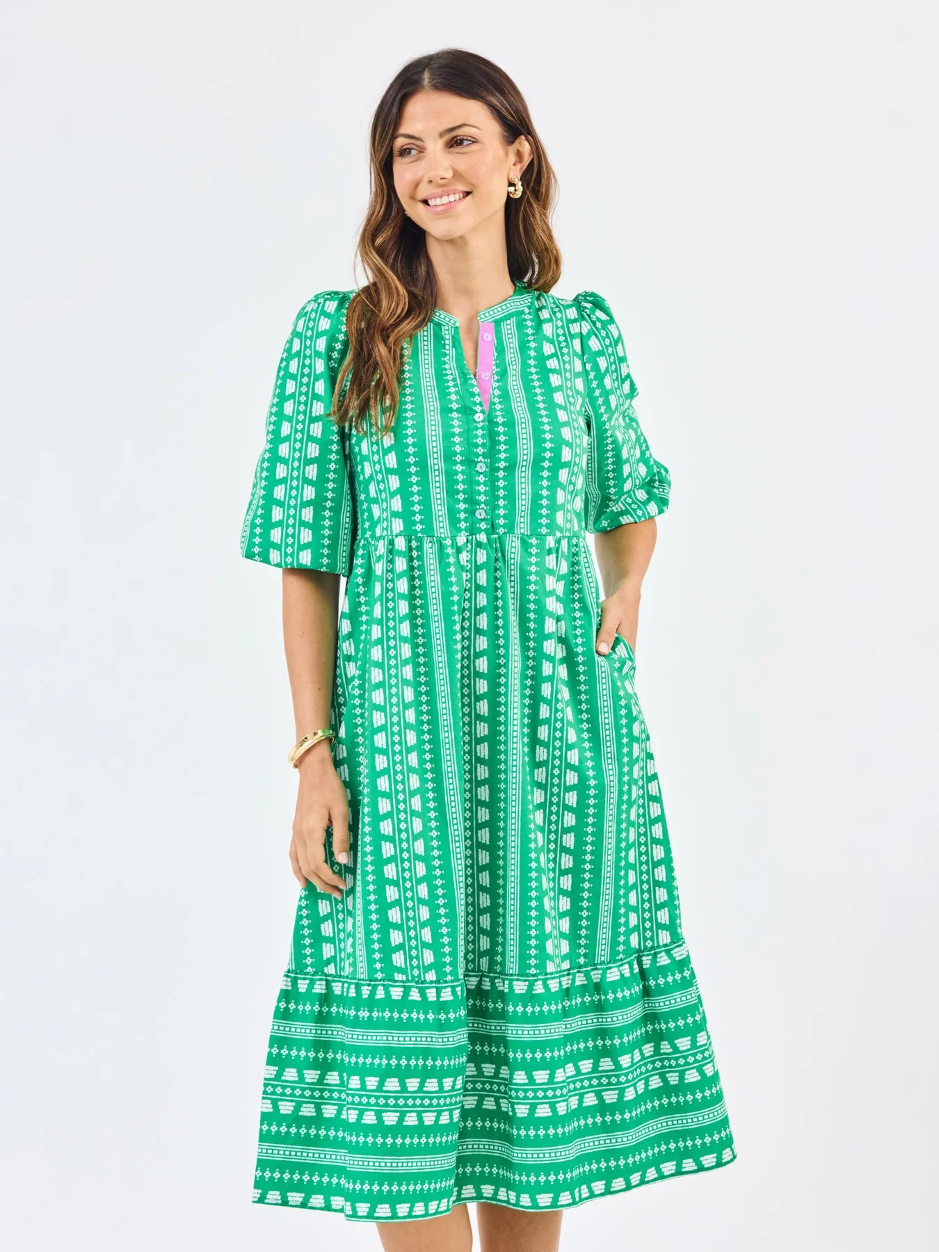 Riley Dress in Heritage Stitch Green