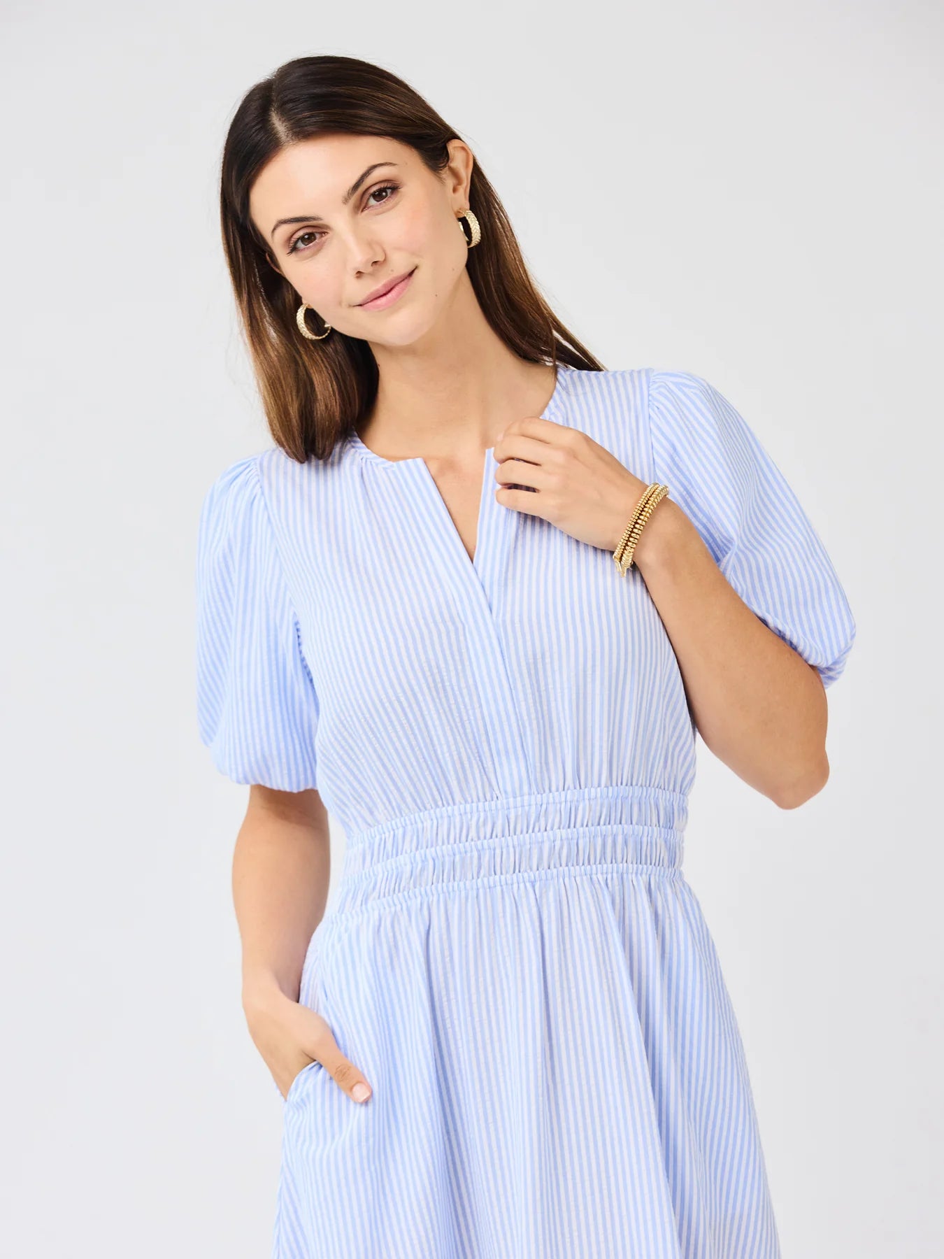 Tracey Seersucker Dress in Blue & White