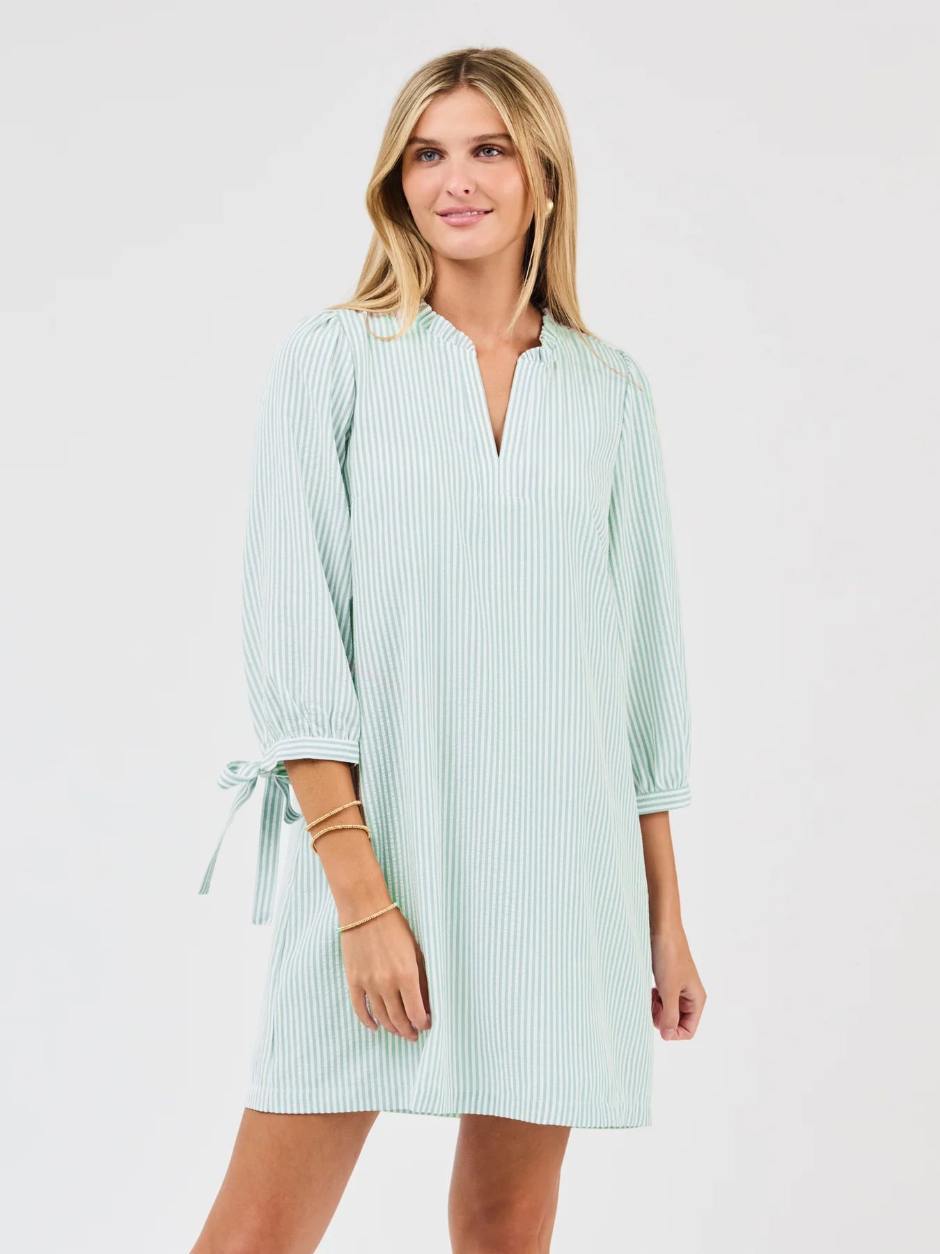 Lainey Seersucker Dress in Seafoam & White