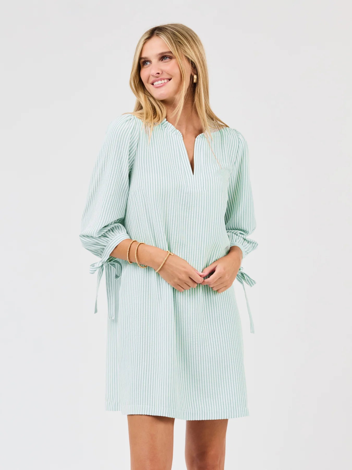 Lainey Seersucker Dress in Seafoam & White
