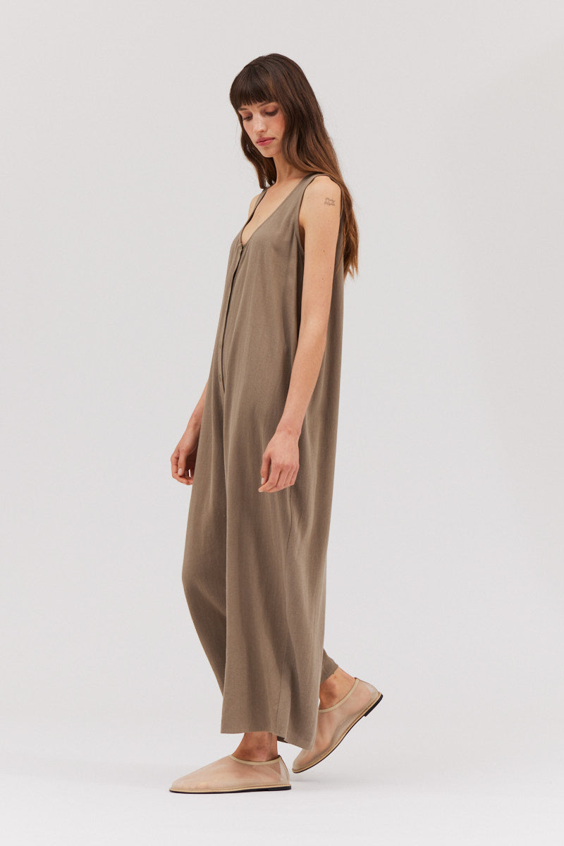 Overfit Button Down Jumpsuit in Olive