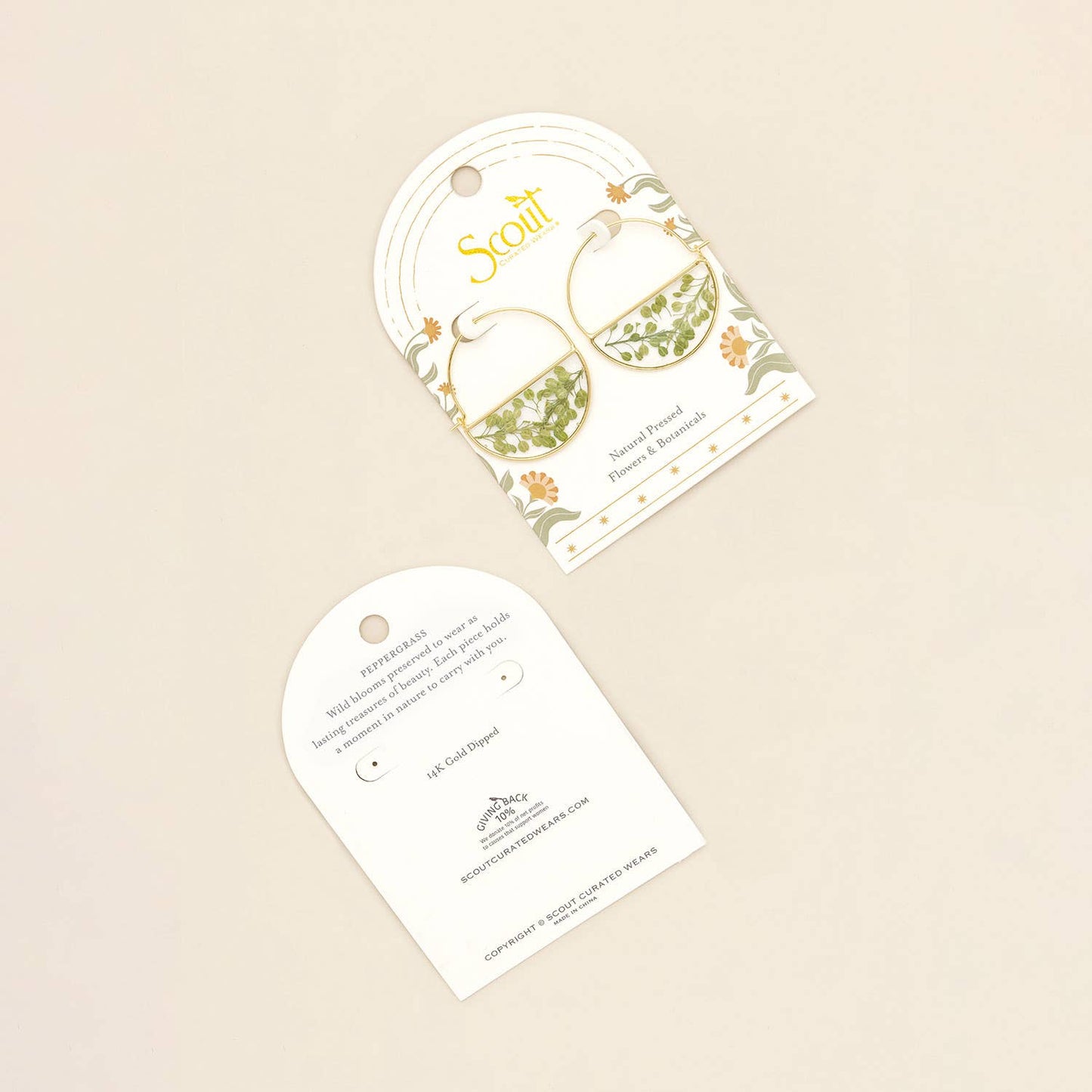 Pressed Flower Hoop Earring - Green Peppergrass/Gold