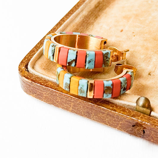 Turquoise Tila Bead Hoop Earrings