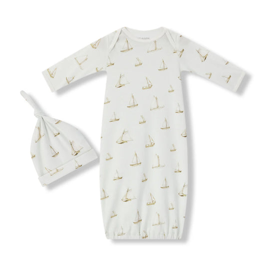 Newborn Gown & Hat Set in Sailboat Melody (Organic Cotton)