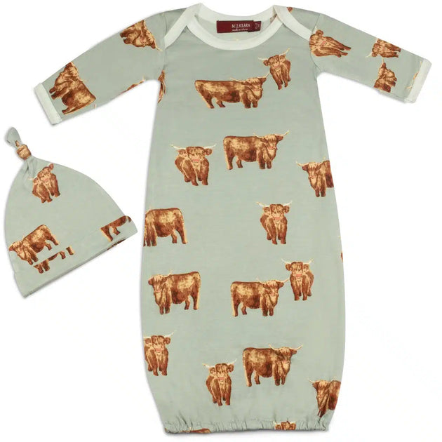 Bamboo Newborn Gown & Hat Set in Highland Cow