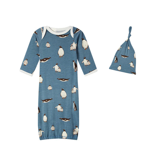 Luxe Stretch Newborn Gown & Hat Set in Penguins