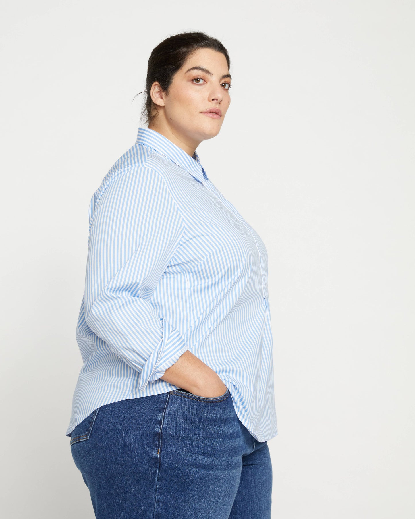 Elbe Popover Stretch Poplin Shirt Classic Fit in Blue/White Stripe