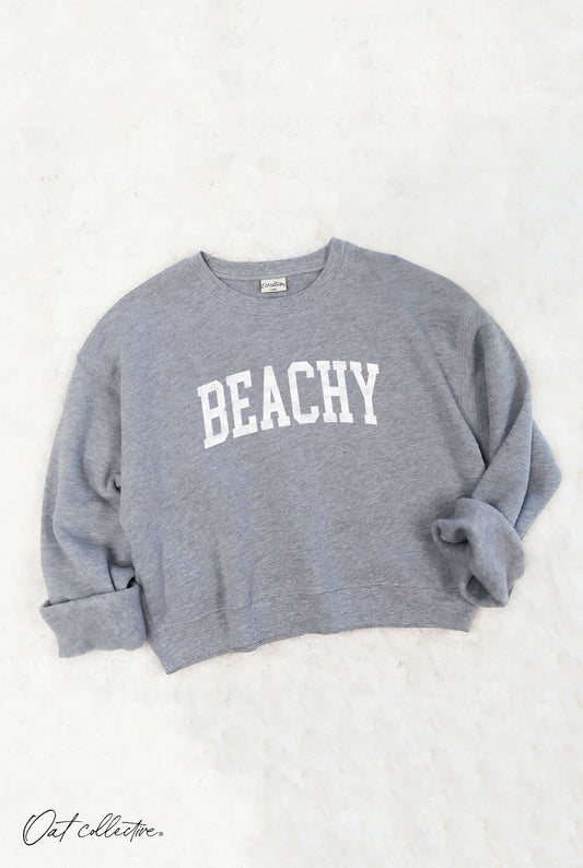 Beachy Mid Cropped Graphic Sweatshirt in Heather Grey