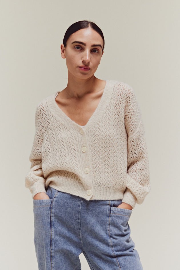 Pointelle Cropped Cardigan in Cream