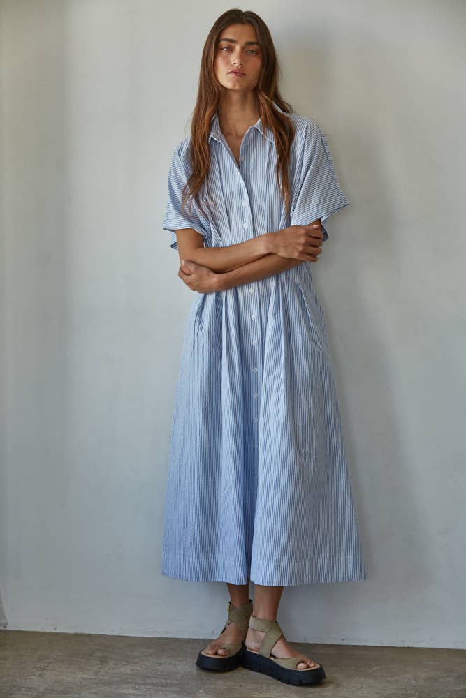 The Pleated Stripe Midi Dress in Cream & Blue