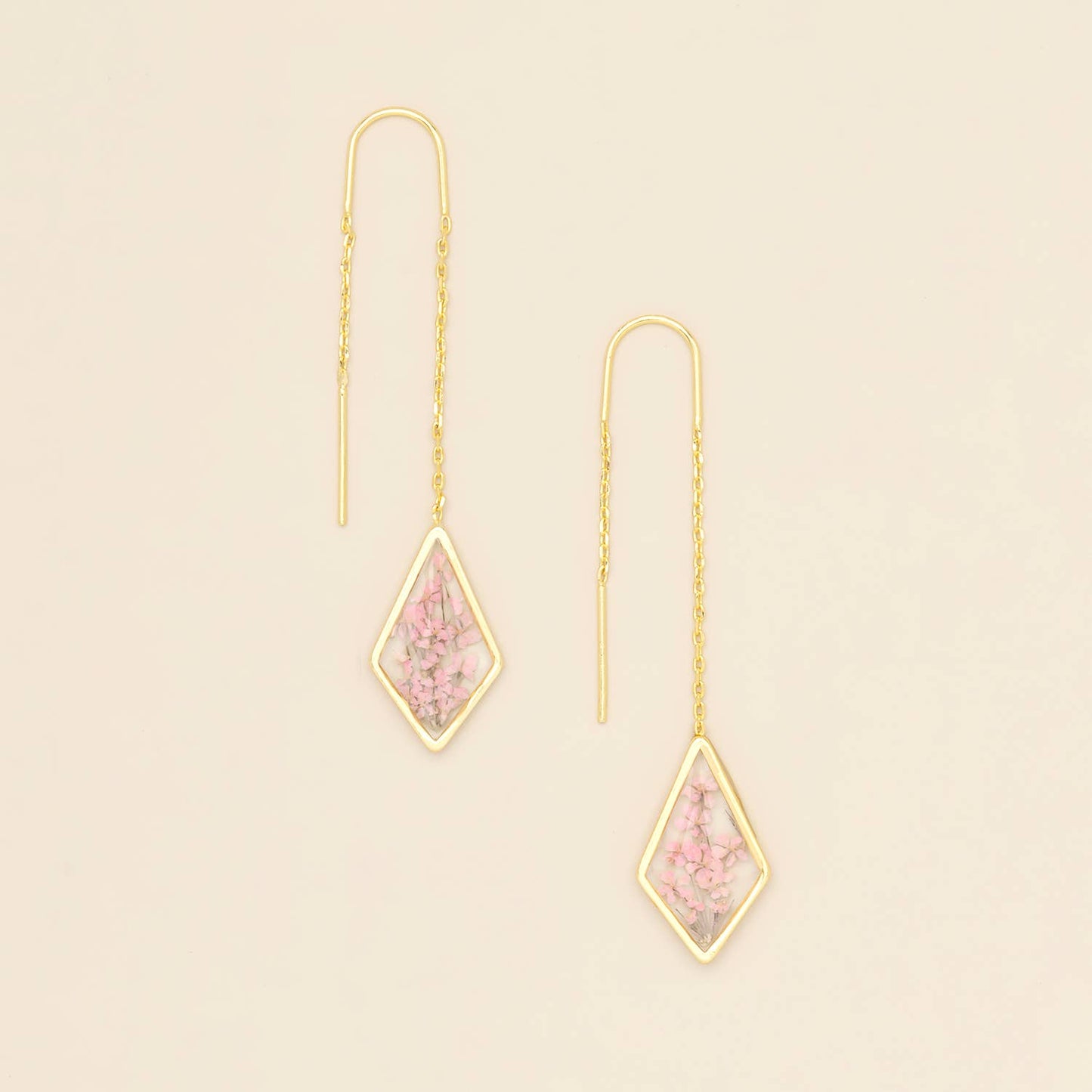 Pressed Flower Thread Earring - Pink Lace Flower/Gold