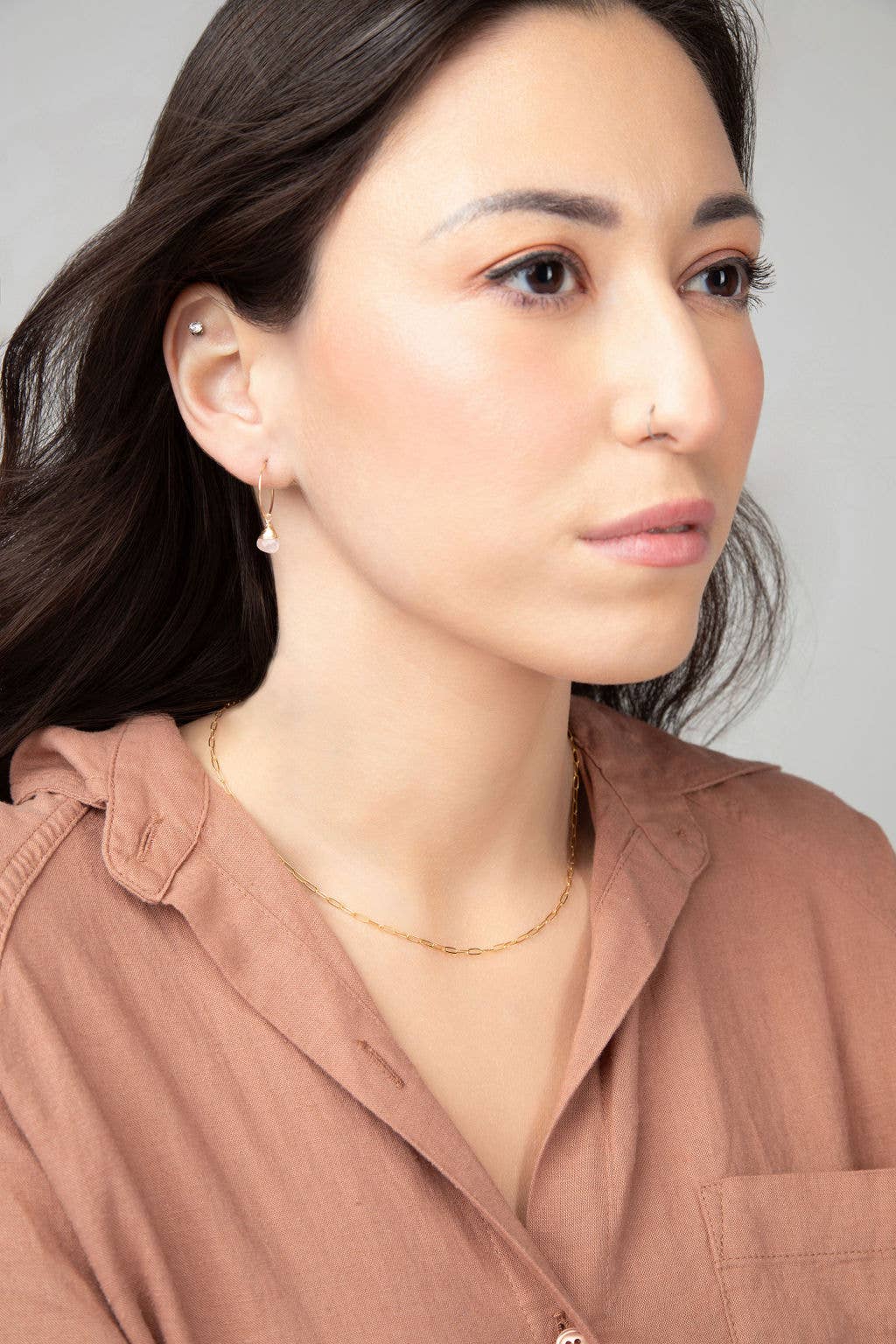 Rose Quartz Charm Mini Hoop Earrings in 14k Gold Filled