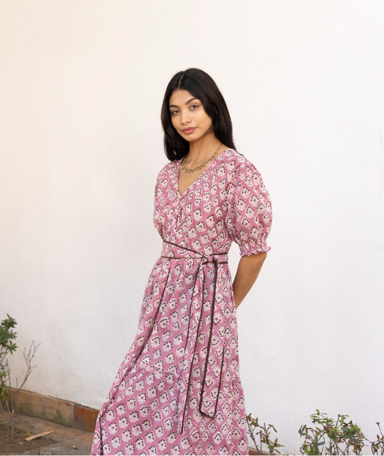 Imara Block Printed Cotton Maxi Dress in Rose