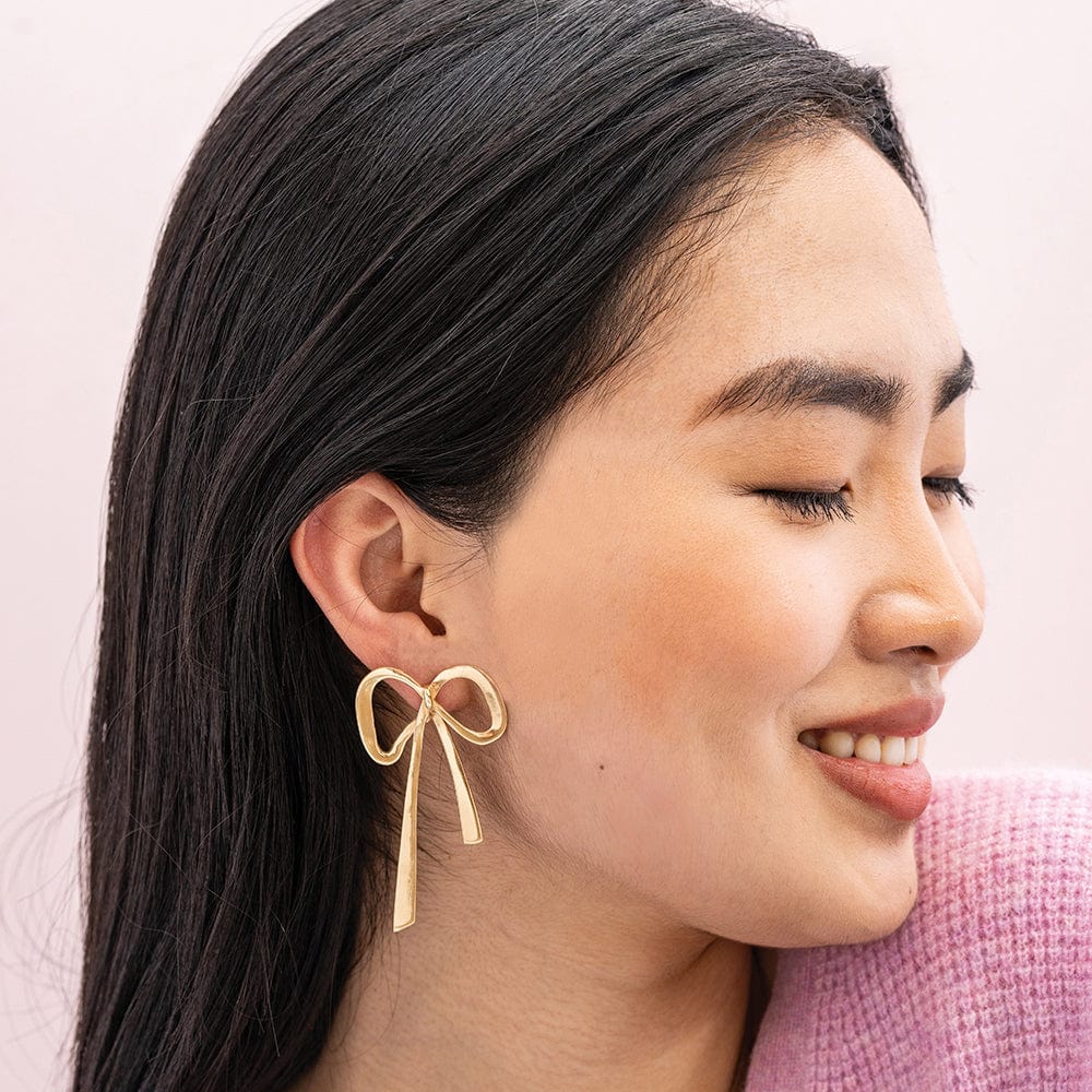 Katie Large Ribbon Bow Post Earrings Brass
