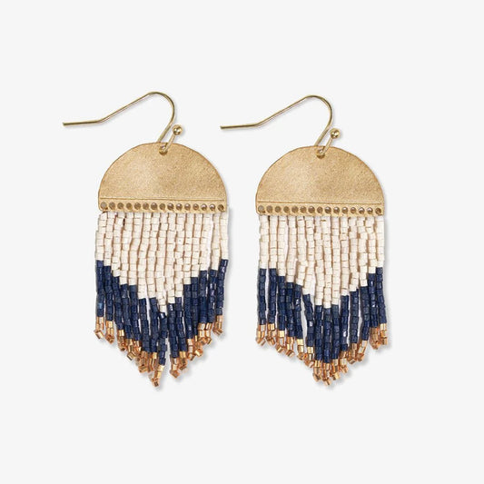 Claudia Curved Pattern Short Beaded Fringe Earrings Navy