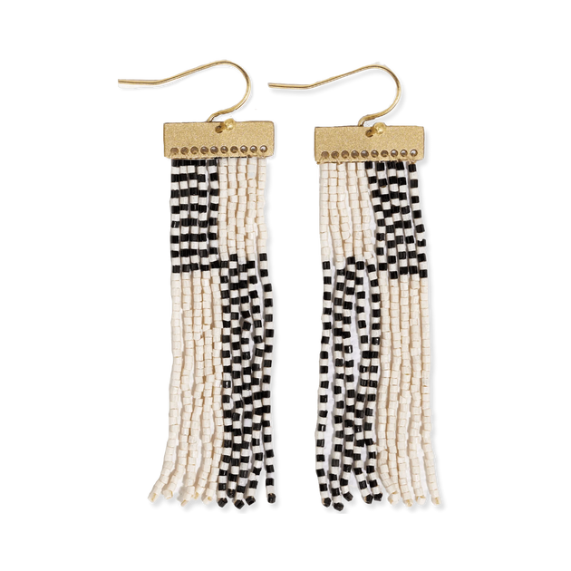 Lana Rectangle Hanger Colorblocks With Stripes Beaded Fringe Earrings Black
