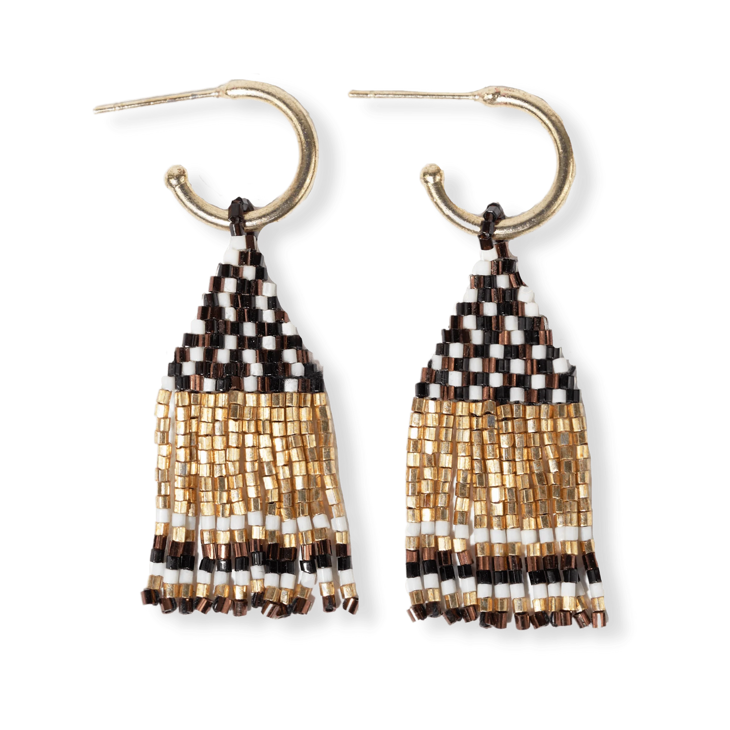 Leta Mini Gold Hoop Confetti Top And Stripe Short Fringe Earrings Black