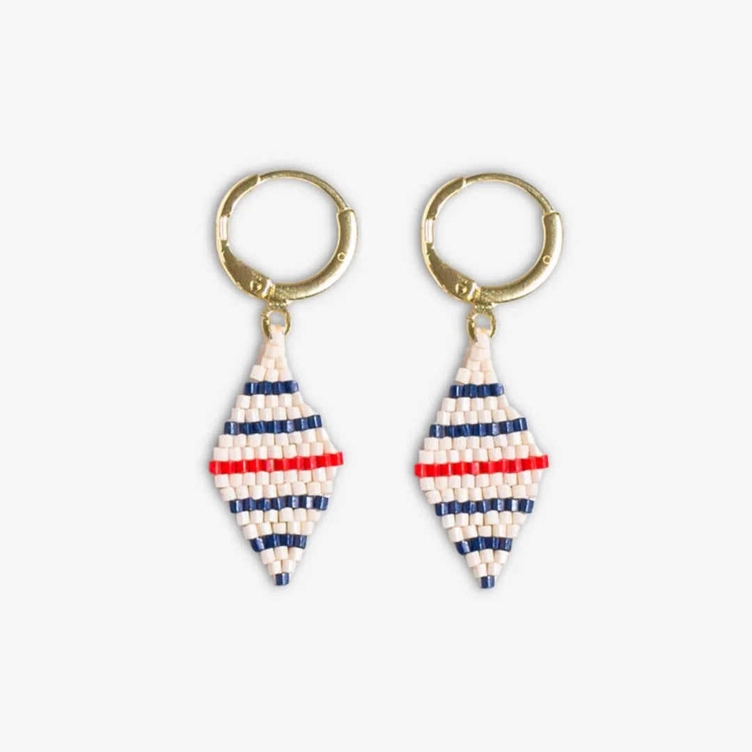 Carmen Mini Gold Hoop Single Horizontal Stripes Beaded Drop Earrings Navy