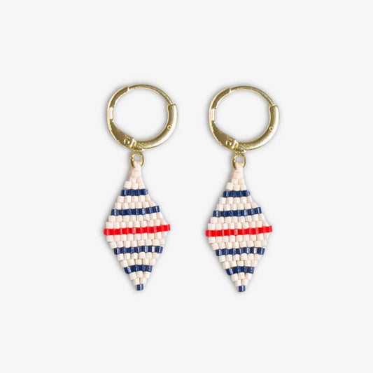Carmen Mini Gold Hoop Single Horizontal Stripes Beaded Drop Earrings Navy