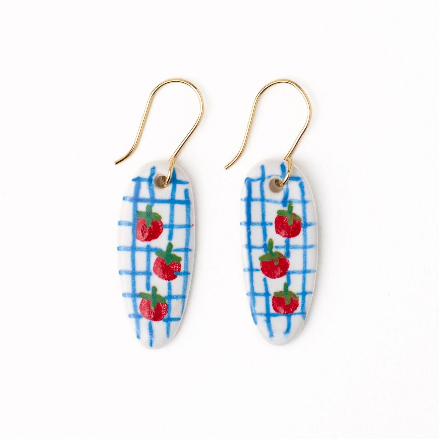 Danielle Oval Ceramic Earrings With Tomatoes in Blue Plaid