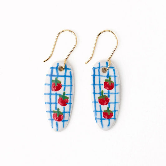 Danielle Oval Ceramic Earrings With Tomatoes in Blue Plaid