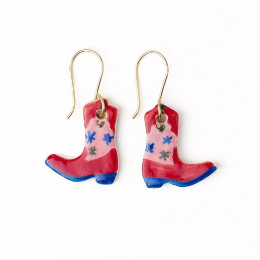 Danielle Cowgirl Boot Ceramic Earrings in Pink And Blue