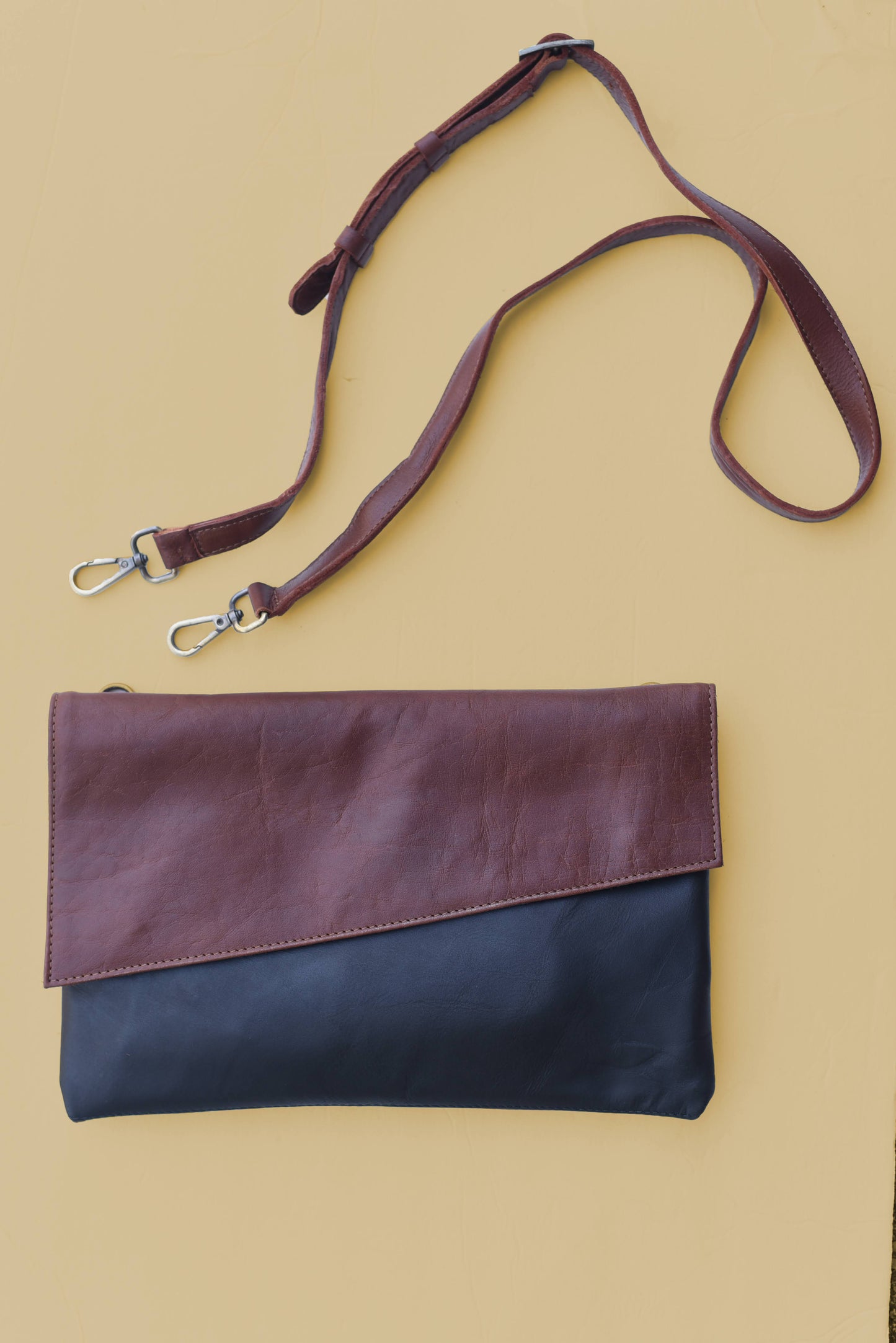 Convertible Crossbody & Clutch in Chestnut + Black (India Collection)