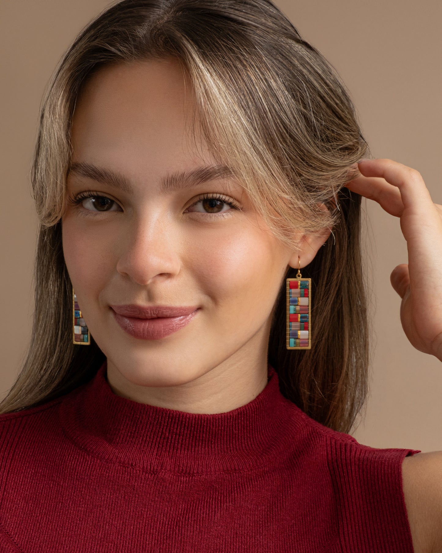 Mosaic Tila Earrings in Aqua & Red