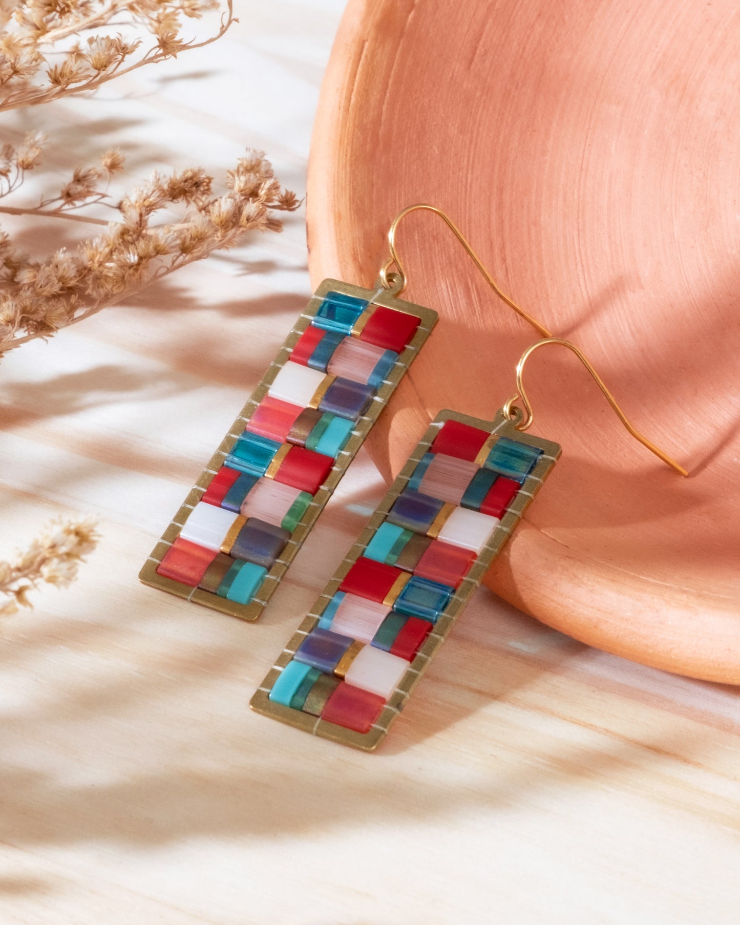 Mosaic Tila Earrings in Blue & Red