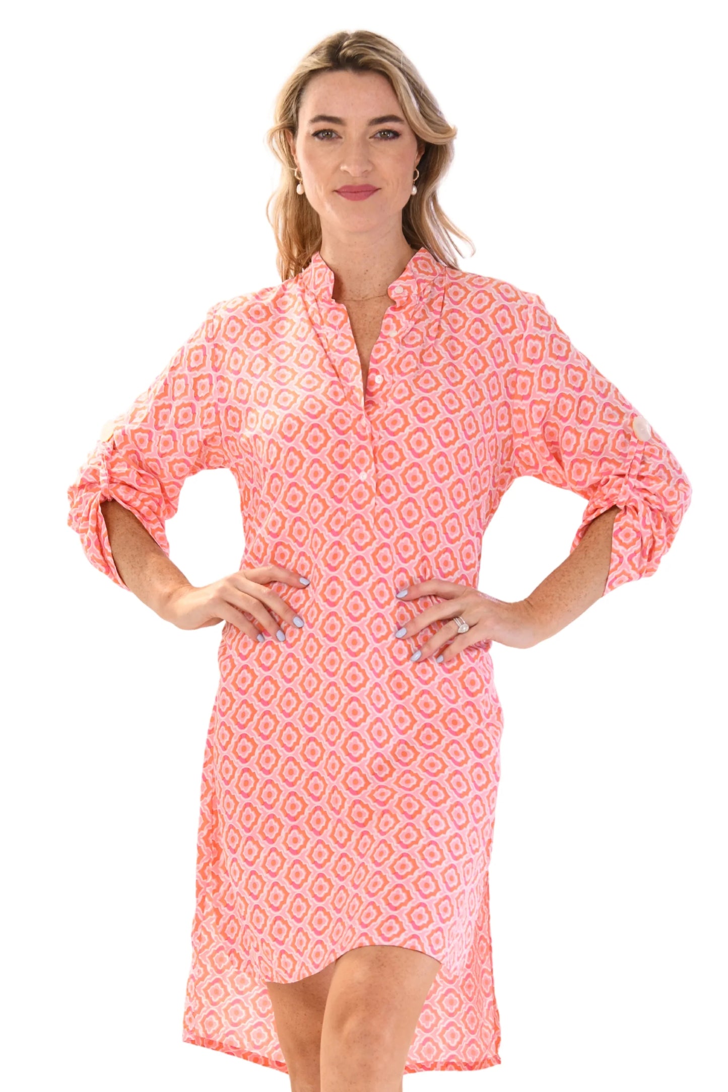 Day Tripper Dress in Orange & Pink Tiles