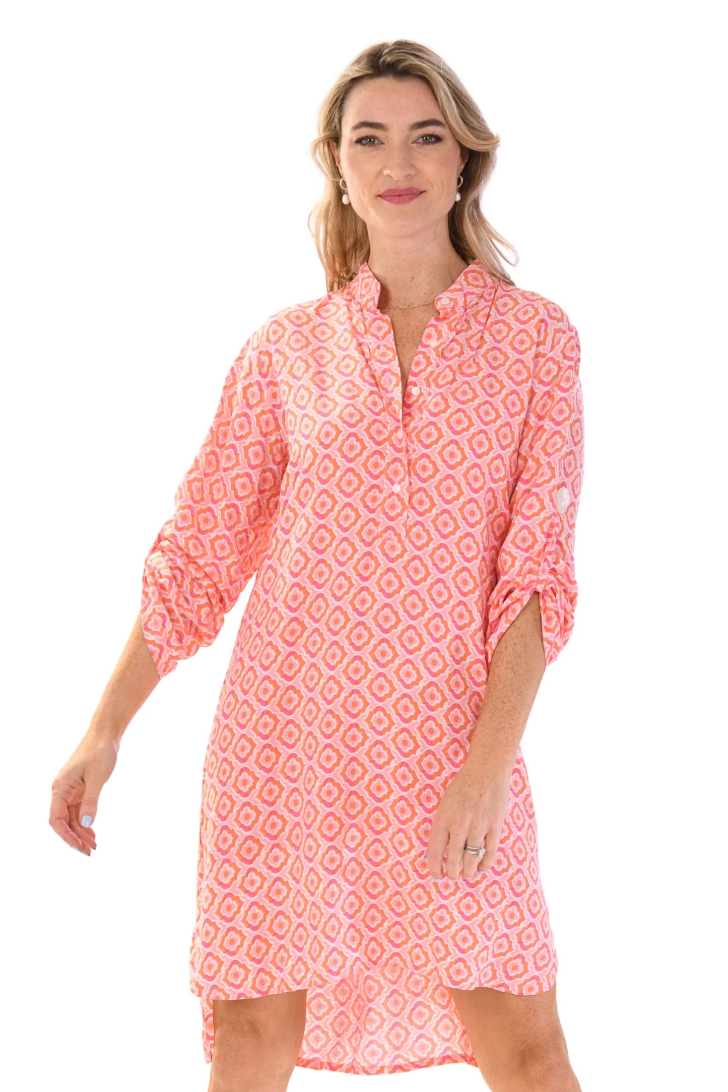 Day Tripper Dress in Orange & Pink Tiles