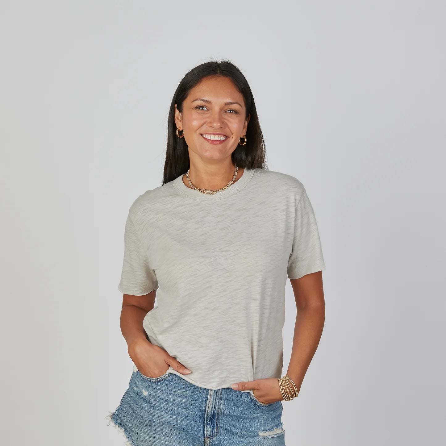 Relaxed Crew Tee in White & Oyster