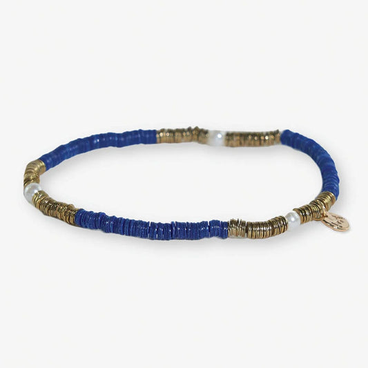 Rory Solid Color With Gold And Pearls Small Sequin Stretch Bracelet Lapis Blue