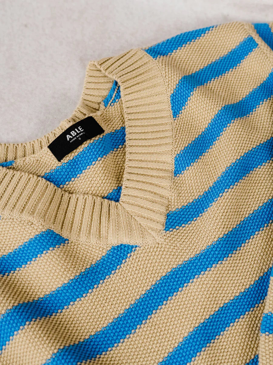 Haven Seed Stitch Sweater in Brown Sugar & Blue Stripe