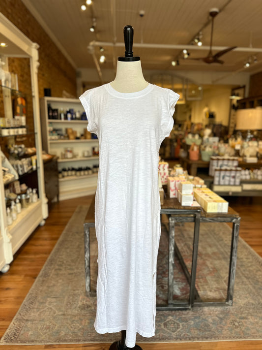 Cap Sleeve Column Dress with Side Slits in White
