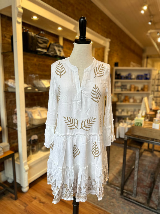 Block Print Tier Tunic Dress in White & Gold