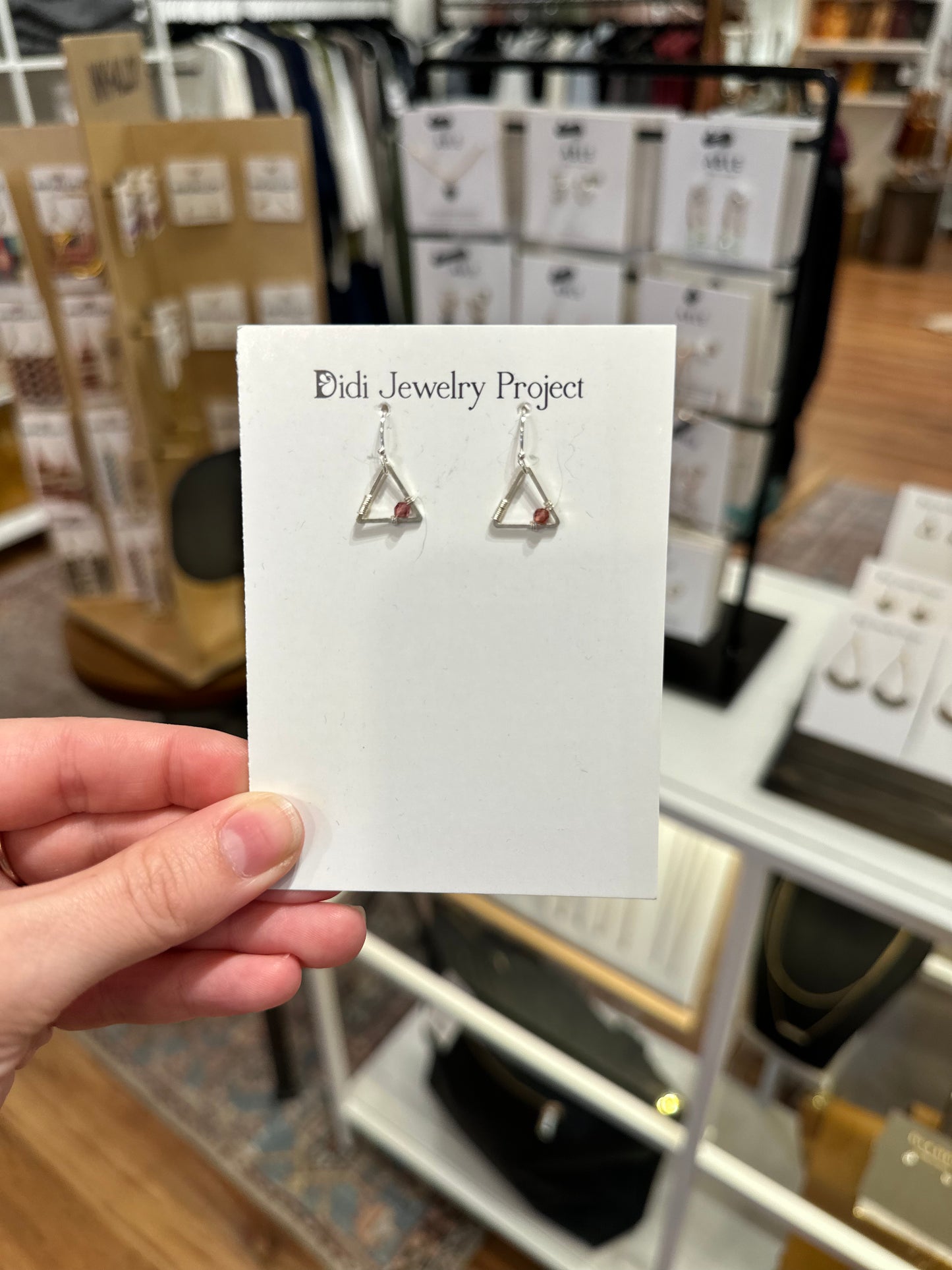 Silver Tiny Triangle Earrings in Garnet