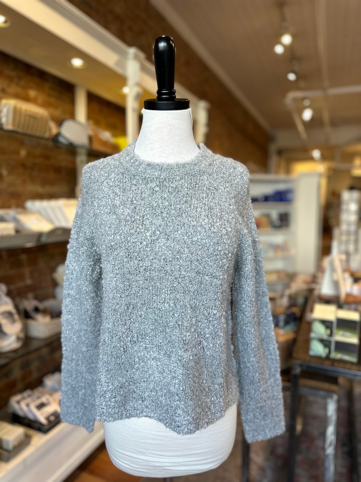 Long Sleeve Open Crew Boucle Sweater in Heather Grey