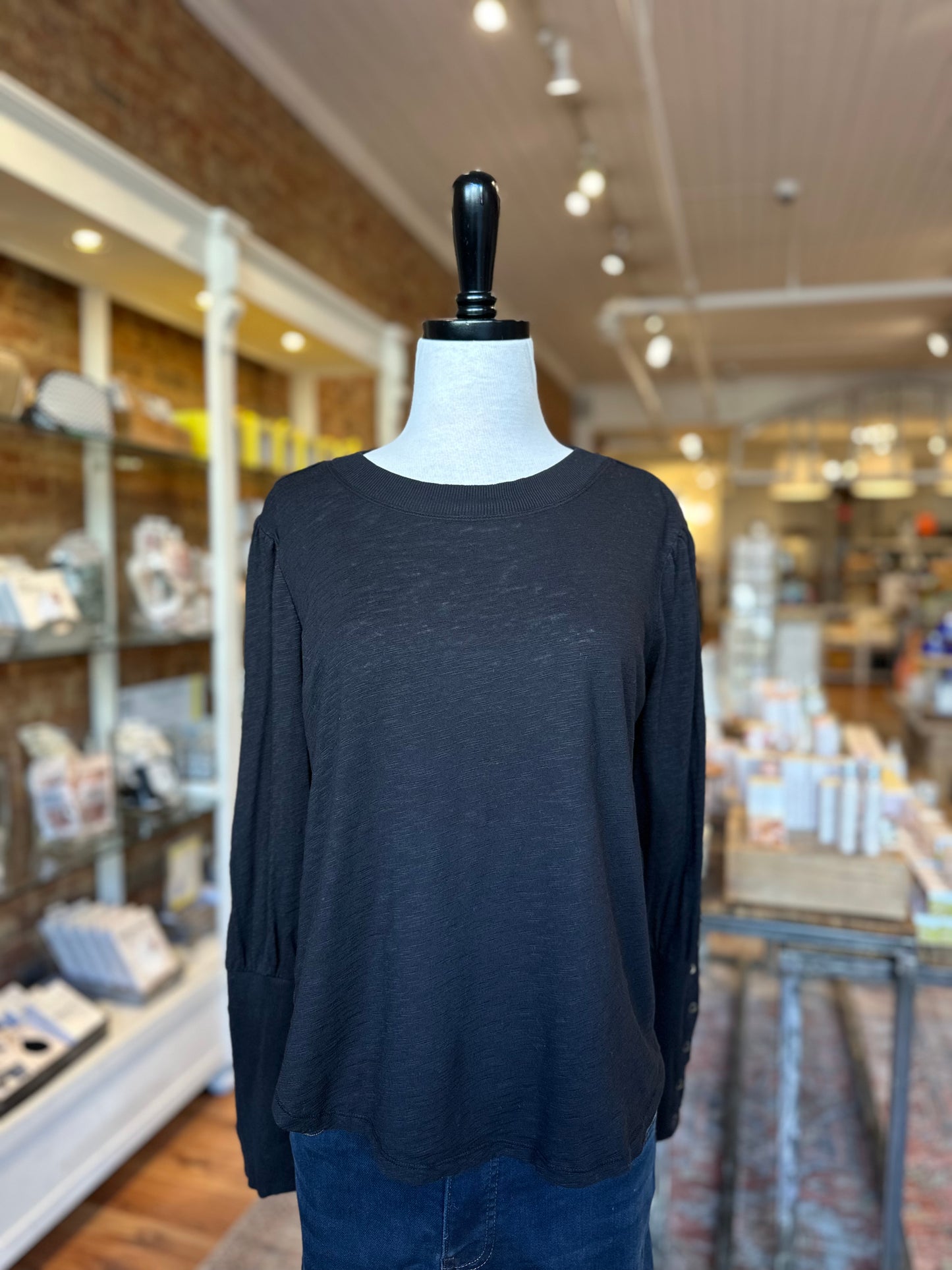 Puff Long Sleeve Crew Top in Black