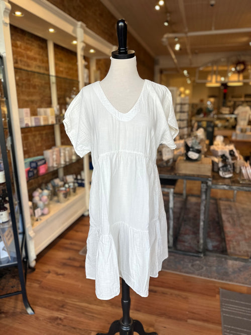 Short Sleeve V Neck Tiered Dress in White Halo