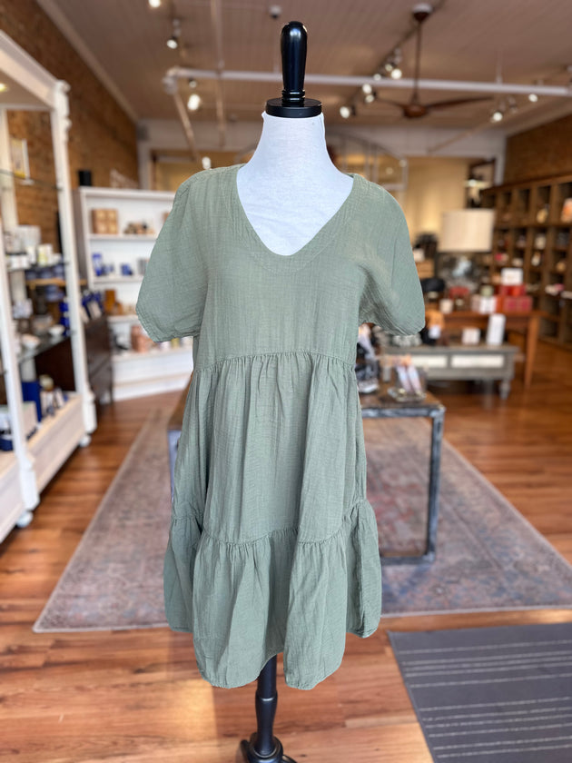 Short Sleeve V Neck Tiered Dress in Mountain Moss