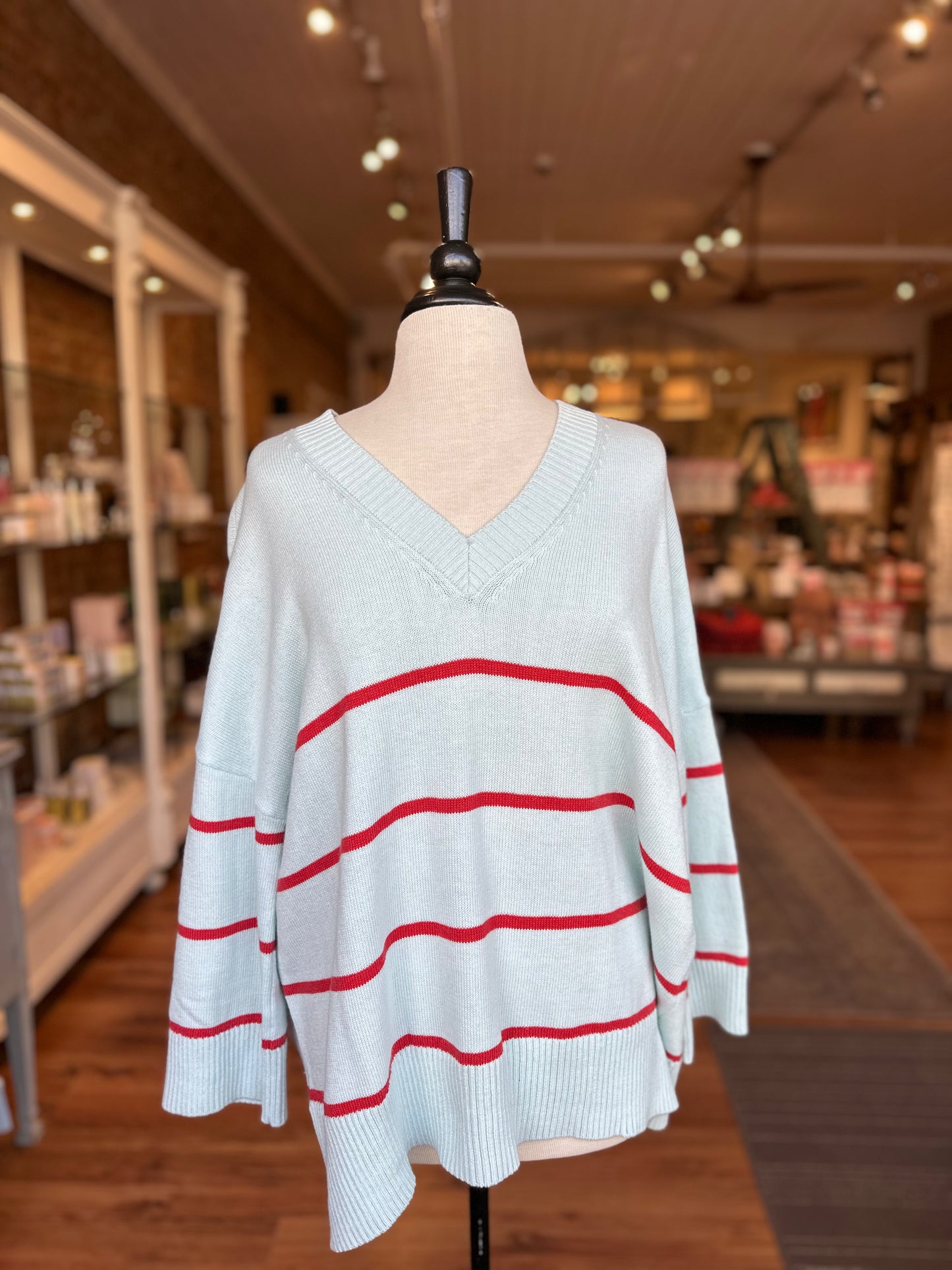 Montauk Cotton V-Neck Sweater in Light Blue + Red Stripe