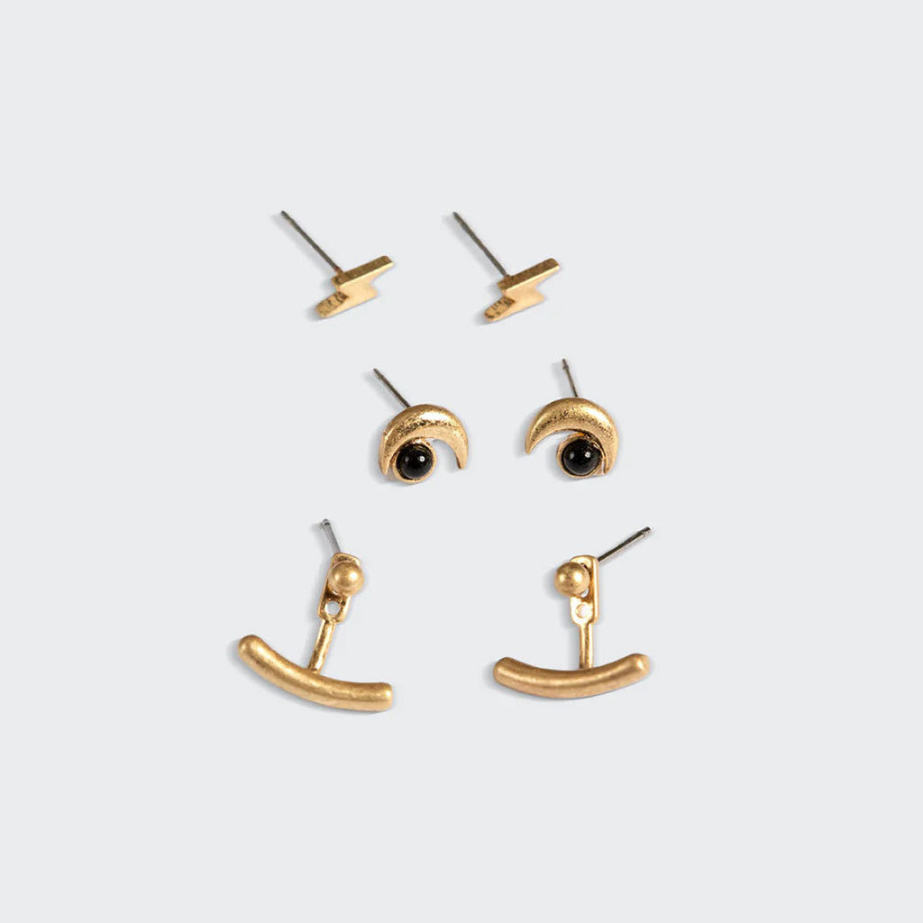 Stud Trio Ear Jacket Set - Moon/Black Spinel/Gold
