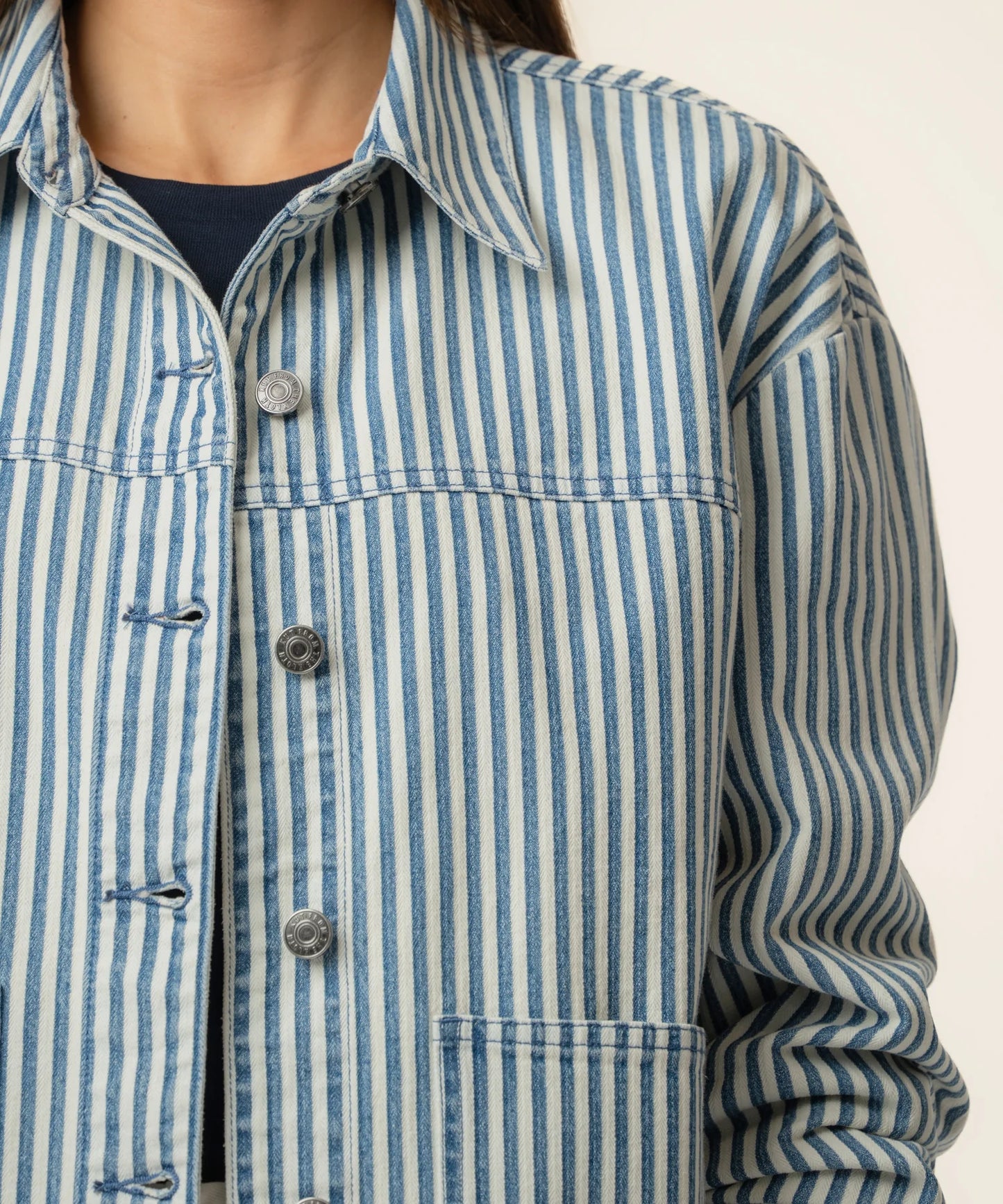 Ellie Striped Denim Jacket in Indigo/White