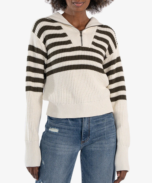 Noley Stripe Zip Front Sweater in Off White & Olive